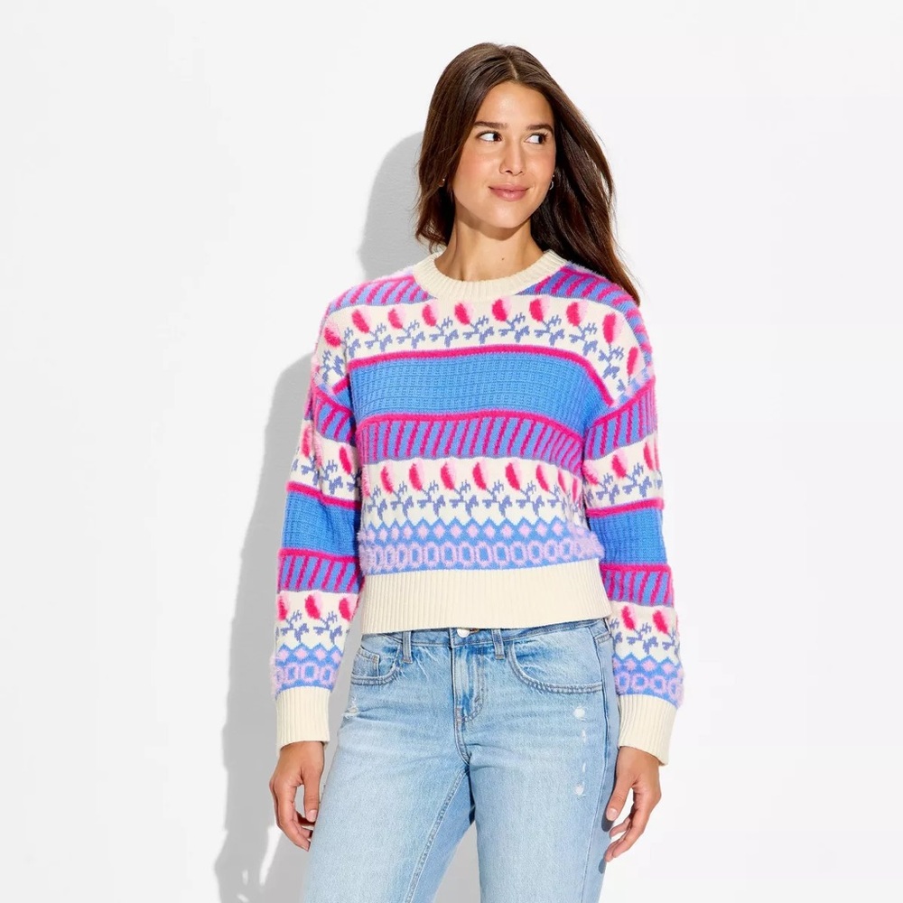 Wild Fable Women's Pullover Intarsia Sweater Pink Blue Floral M